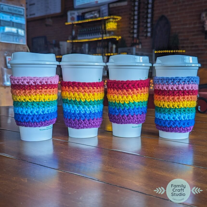 FamilyCraftStudio_BlogPost_RainbowPrideCoziesPatterns_Cover Rainbow Pride Coffee Cozy Crochet Patterns