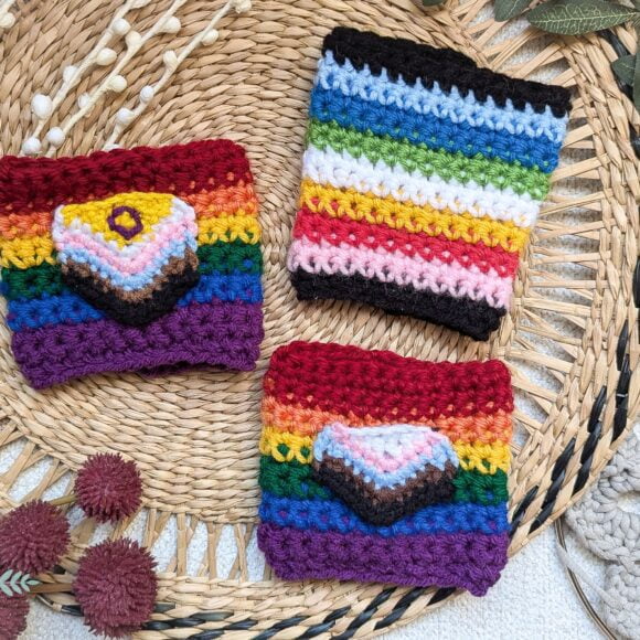 Inclusive and Queer Pride Flag Coffee Cozy Crochet Patterns