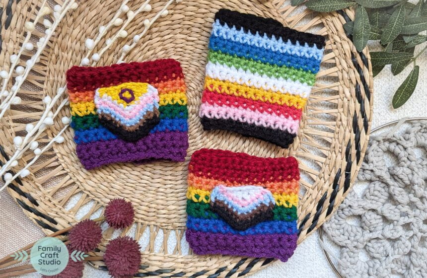 Inclusive and Queer Pride Flag Coffee Cozy Crochet Patterns